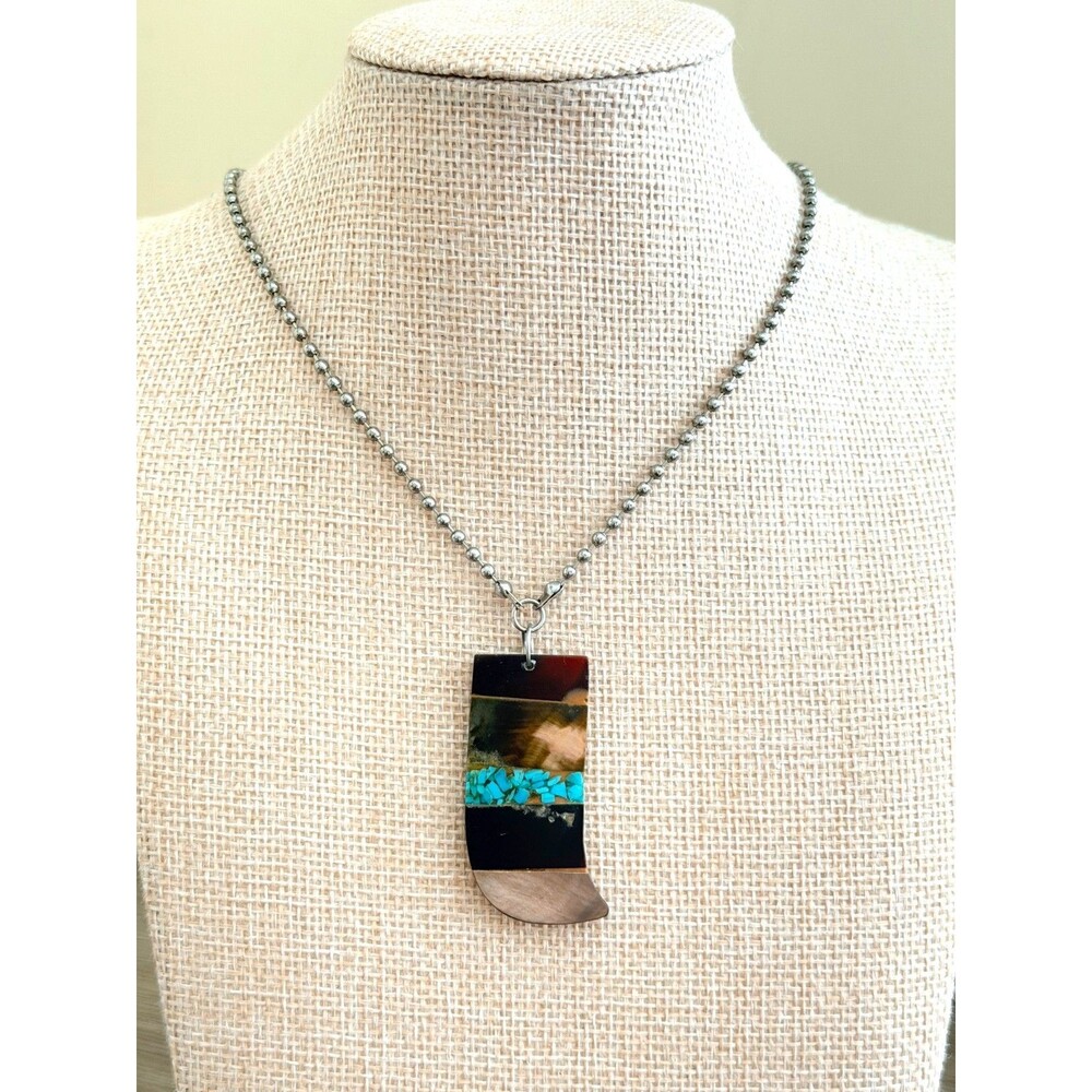 Vintage Southwestern Horn Shell Inlay Turquoise Chip Pendant Ball Chain Necklace